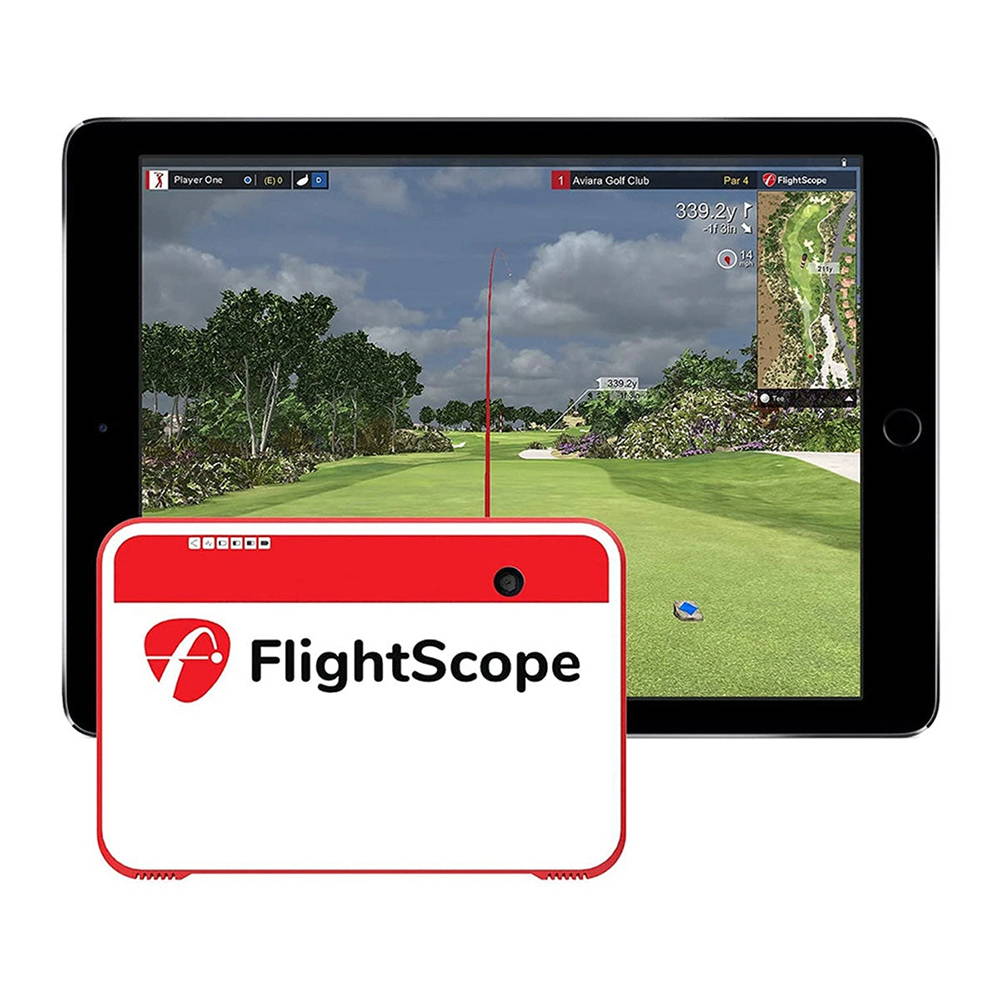 Front view of the FlightScope Mevo Plus with an iPad with simulation on it