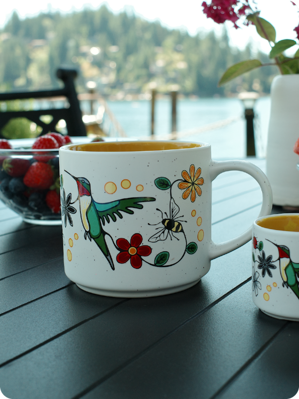 Hummingbird (Nenookaasi) 16oz Ceramic Mug by Storm Angeconeb, Lac Seul First Nation, Ojibwe
