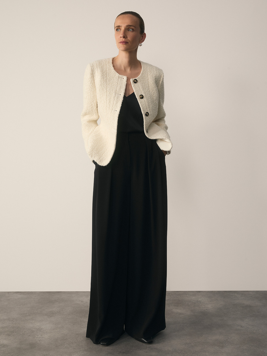 Model wearing Ivory Sunbury Wool Blend Boucle Jacket