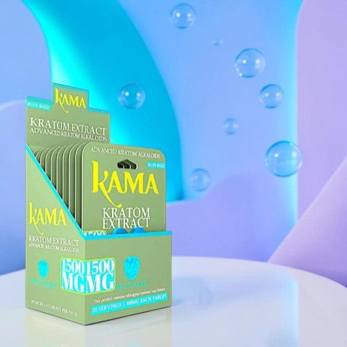 Display of Kama Kratom products on a colorful background.