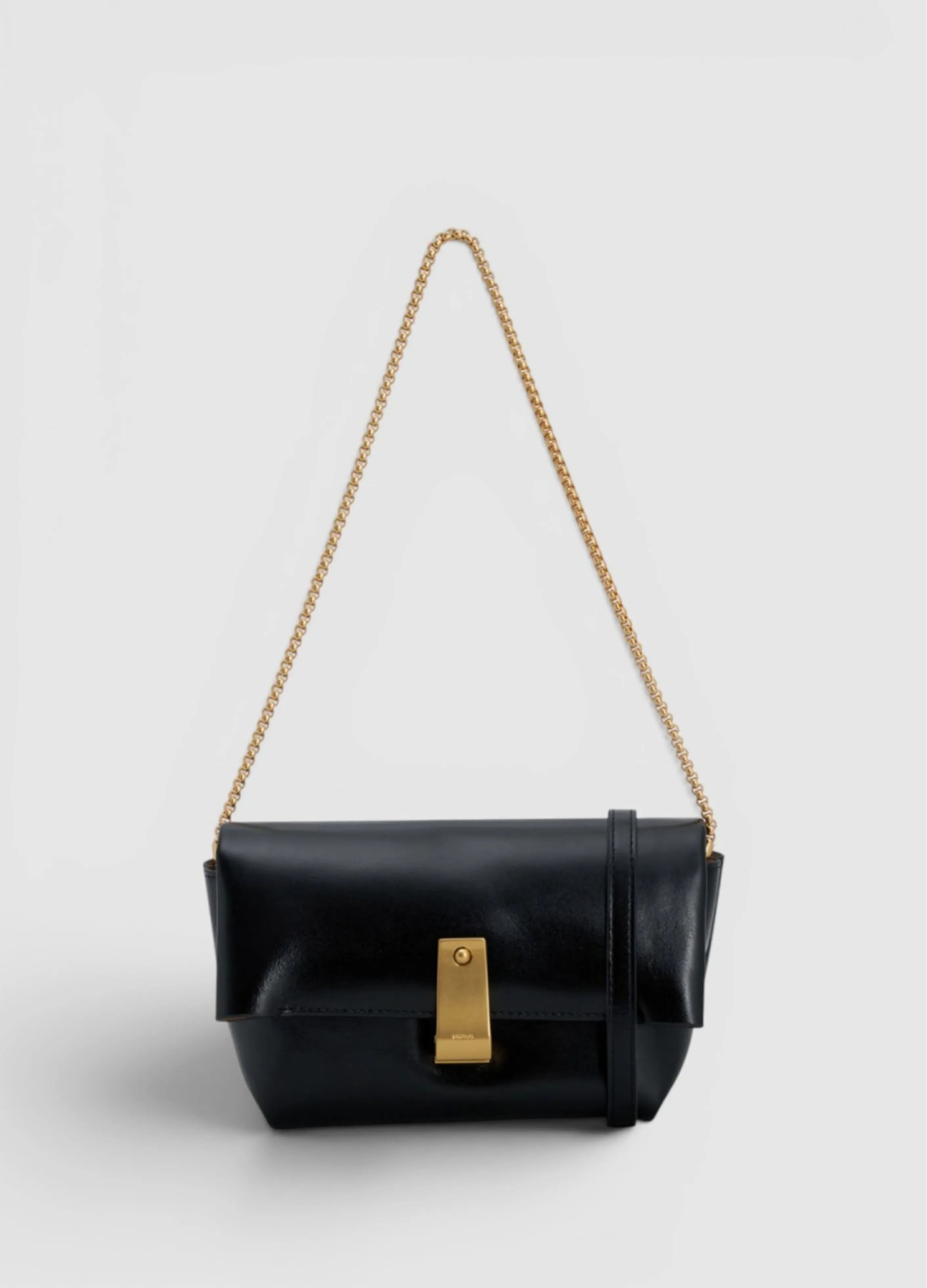 Black leather handbag with a gold clasp and chain strap.