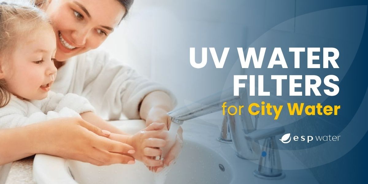 Woman and child using a tap, promoting UV water filters for city water.