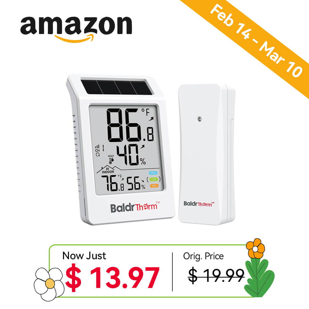 Digital thermometer and humidity monitor with promotional pricing information.