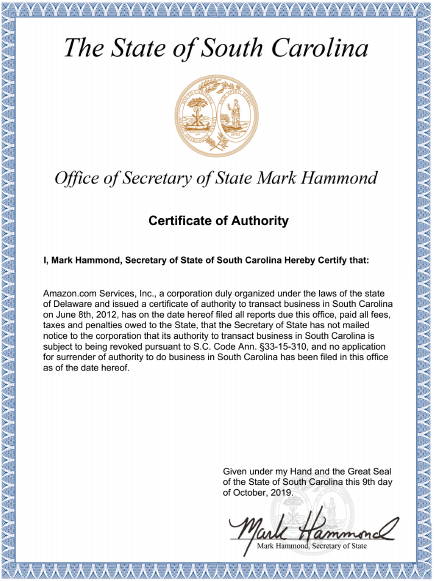 SOUTH CAROLINA CERTIFICATE OF GOOD STANDING AUTHORITY