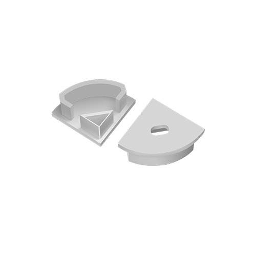 Two gray geometric shapes, one triangular and one semi-circular.