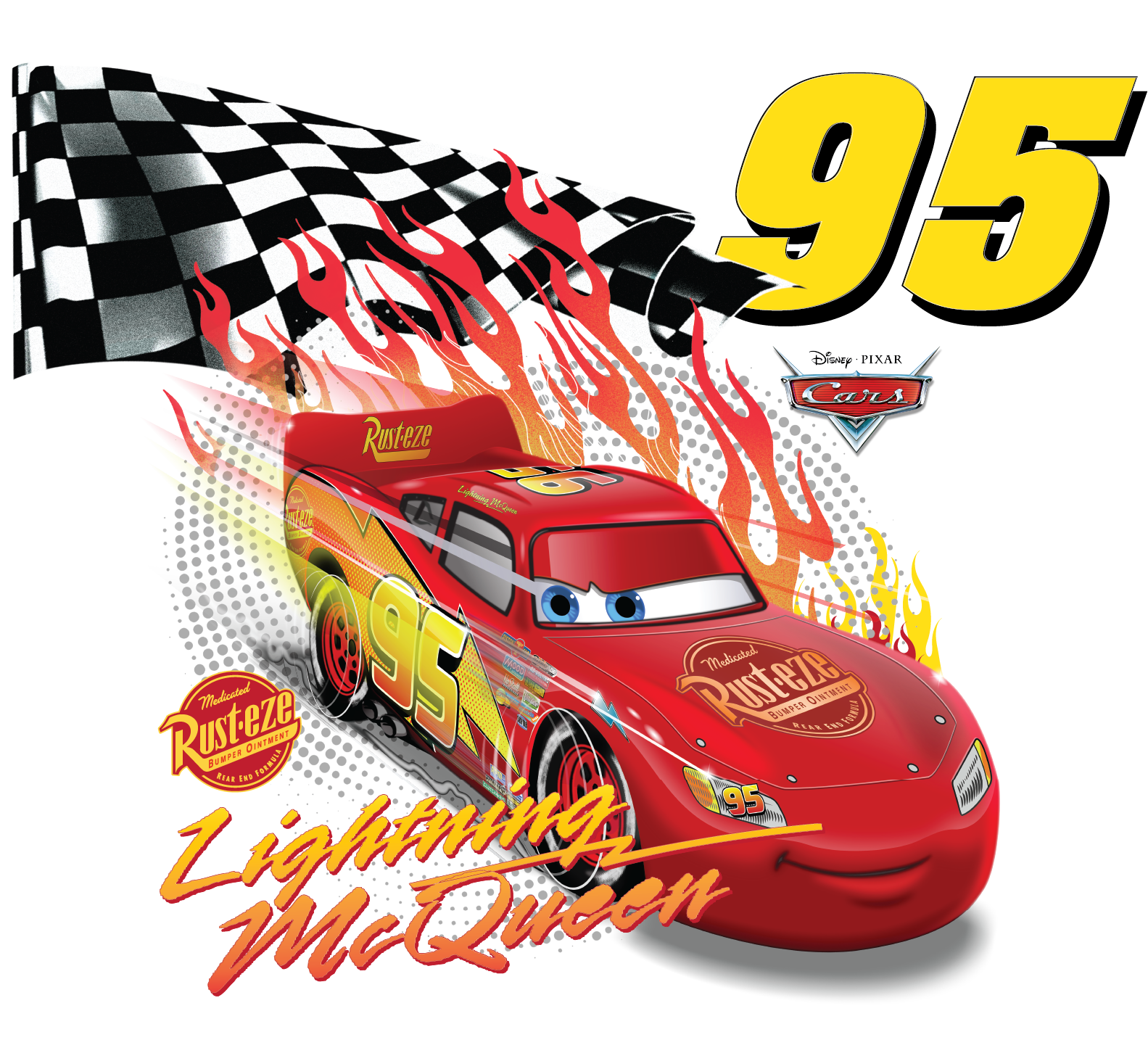 Lightning McQueen car with flames, checkered flag, and the number 95.