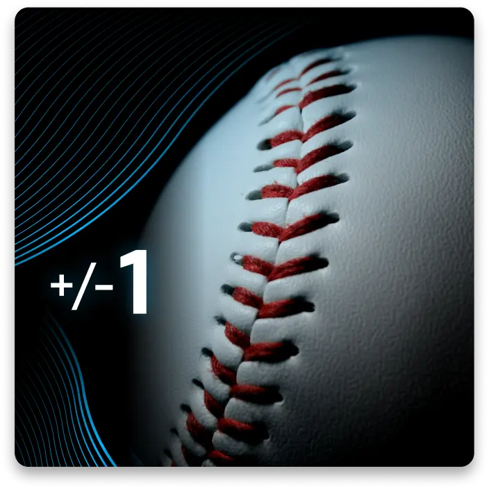 Close-up of a baseball with red stitching and a +/-1 overlay.