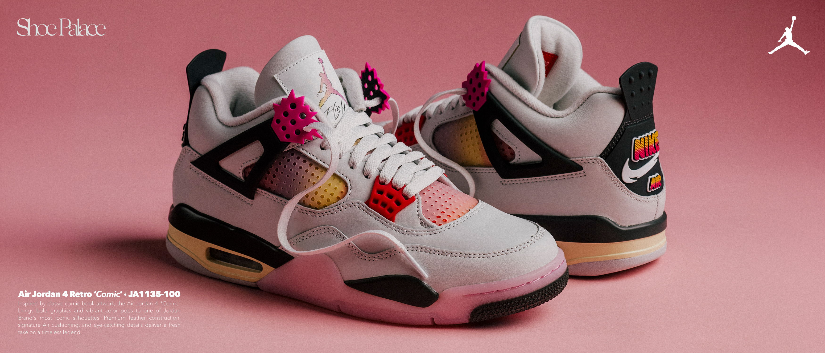 A pair of stylish sneakers on a pink background.