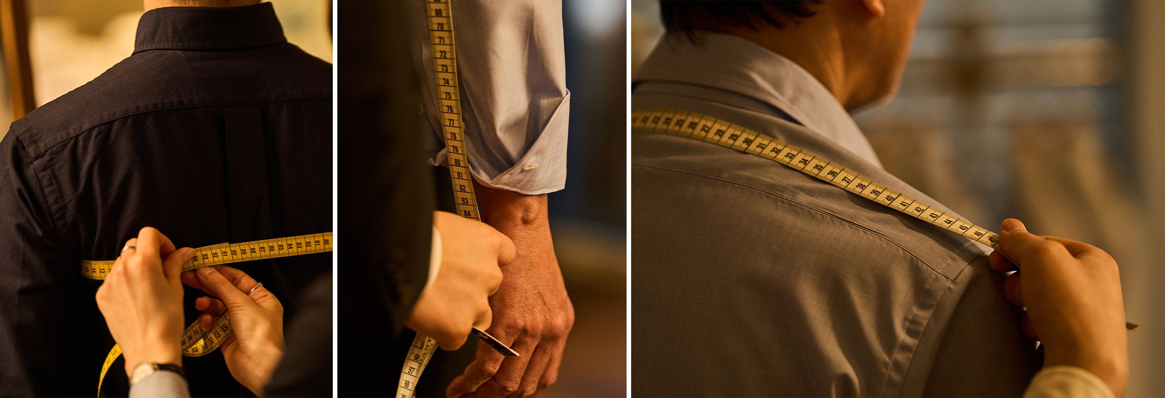 People measuring clothing using a tape measure in a tailoring setting.