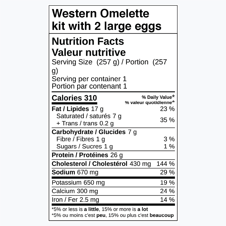 Nutrition label for Western Omelette kit with 2 large eggs.