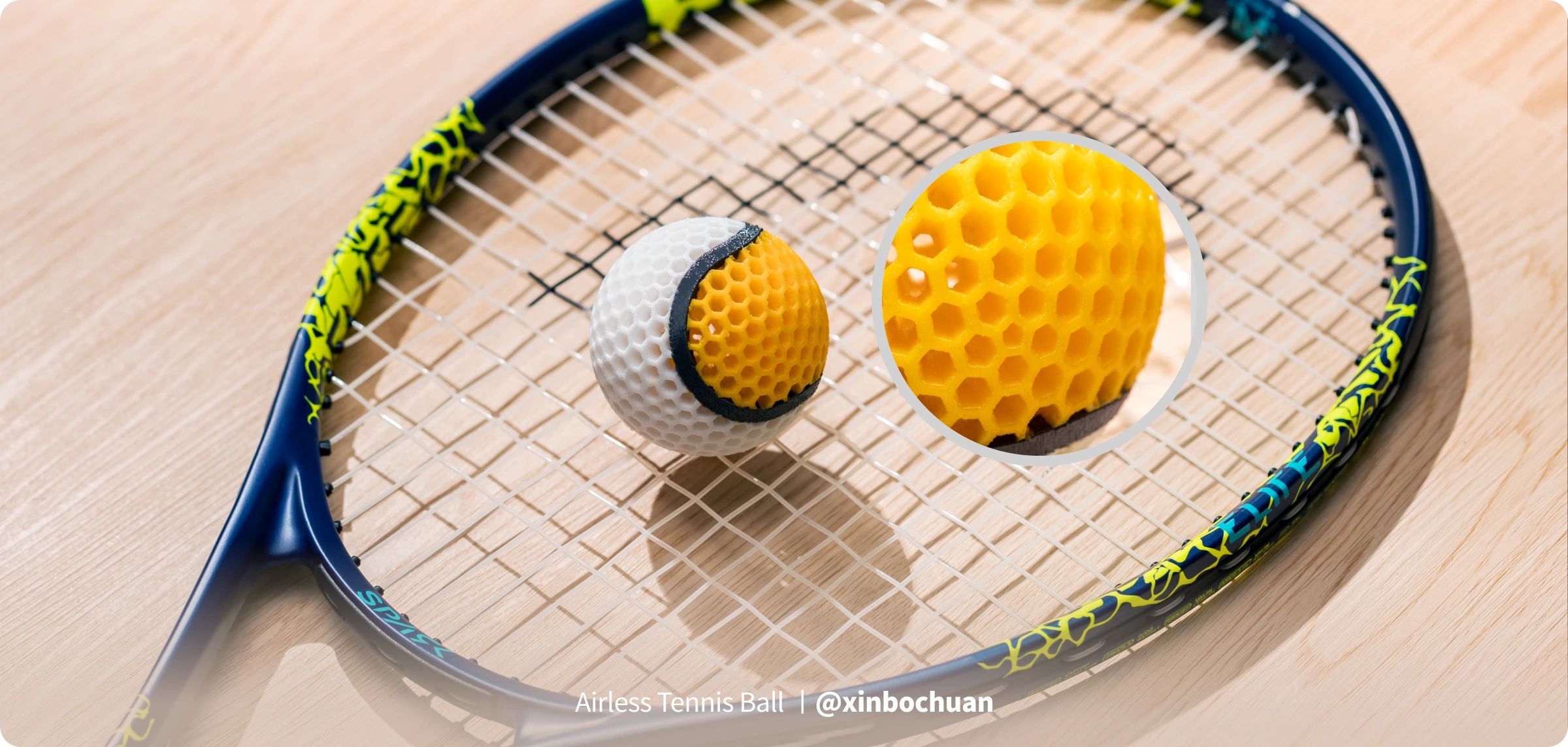 TPU 95A HF airless tennis ball with a smooth 3D-printed surface and reduced stringing.