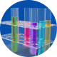 Colorful test tubes in a rack on a blue background.