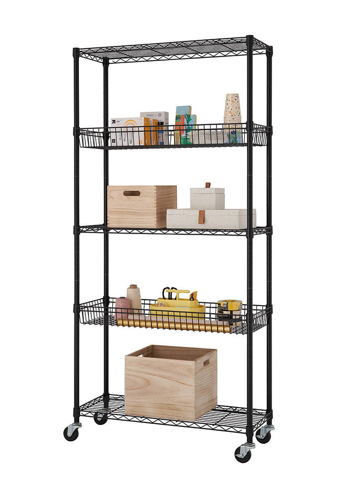 Wire shelving unit with items on shelves and baskets