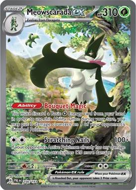 pokemon tcg sets in order - Card featuring Meowscarada EX in a forest setting, showcasing abilities and stats.