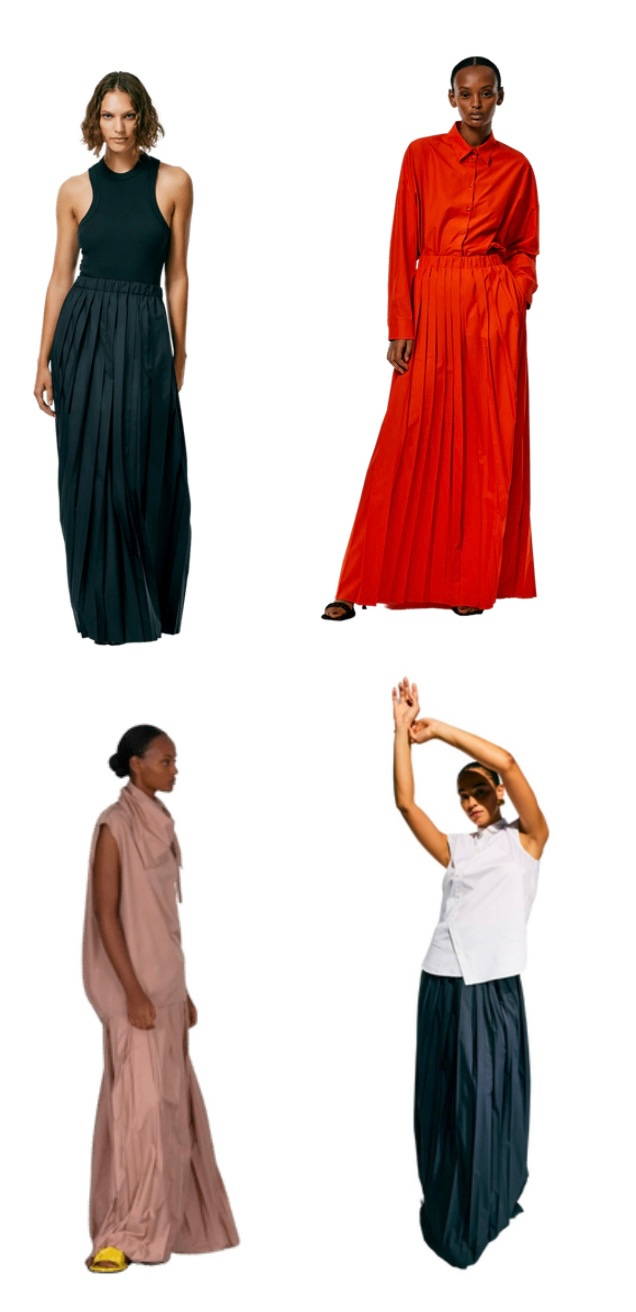 four women wearing pleated skirts