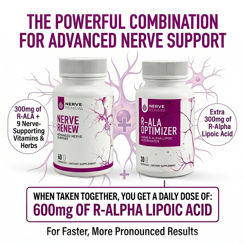 Two supplement bottles promoting nerve support and R-Alpha Lipoic Acid dosage.