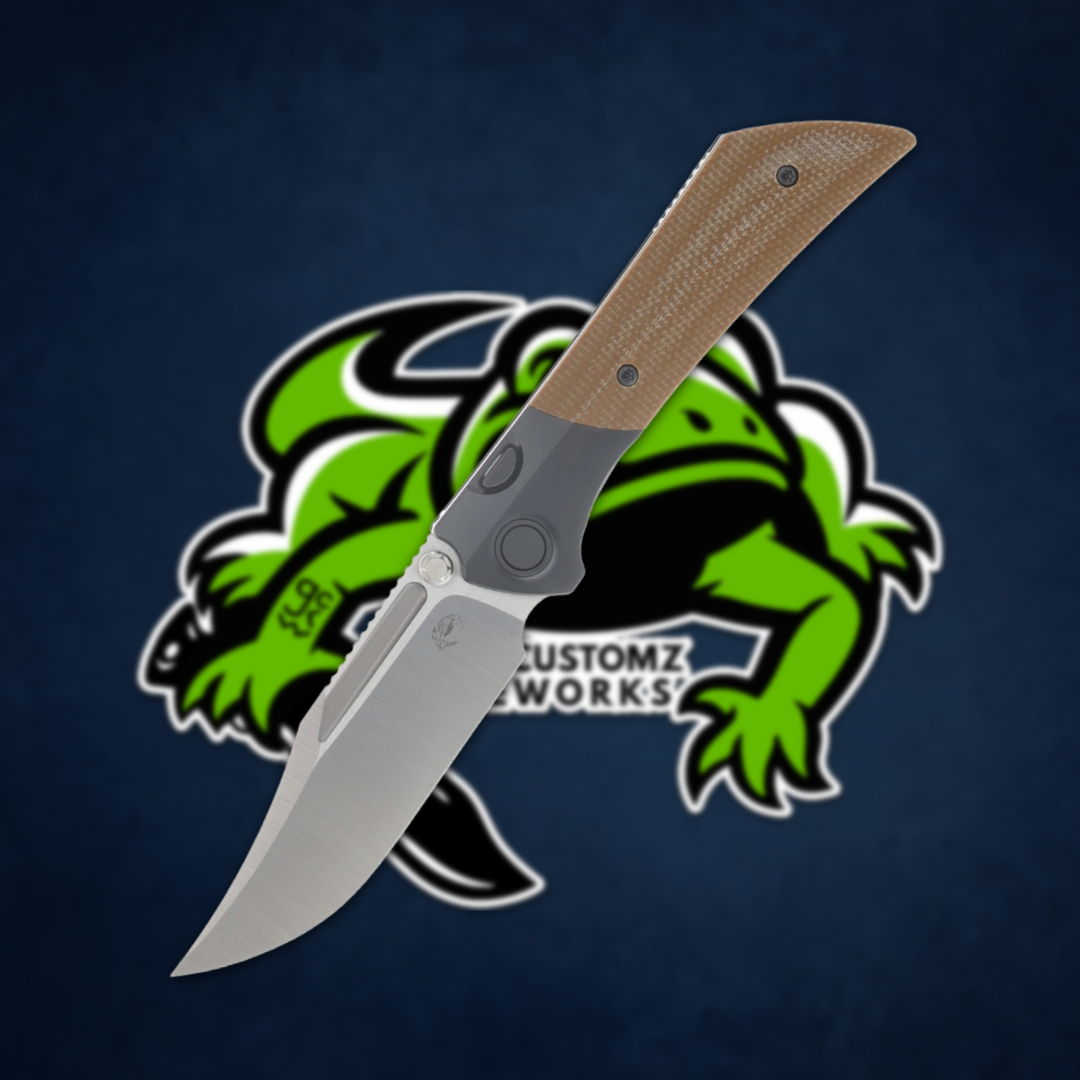 A folding knife with a wooden handle over a green frog logo.