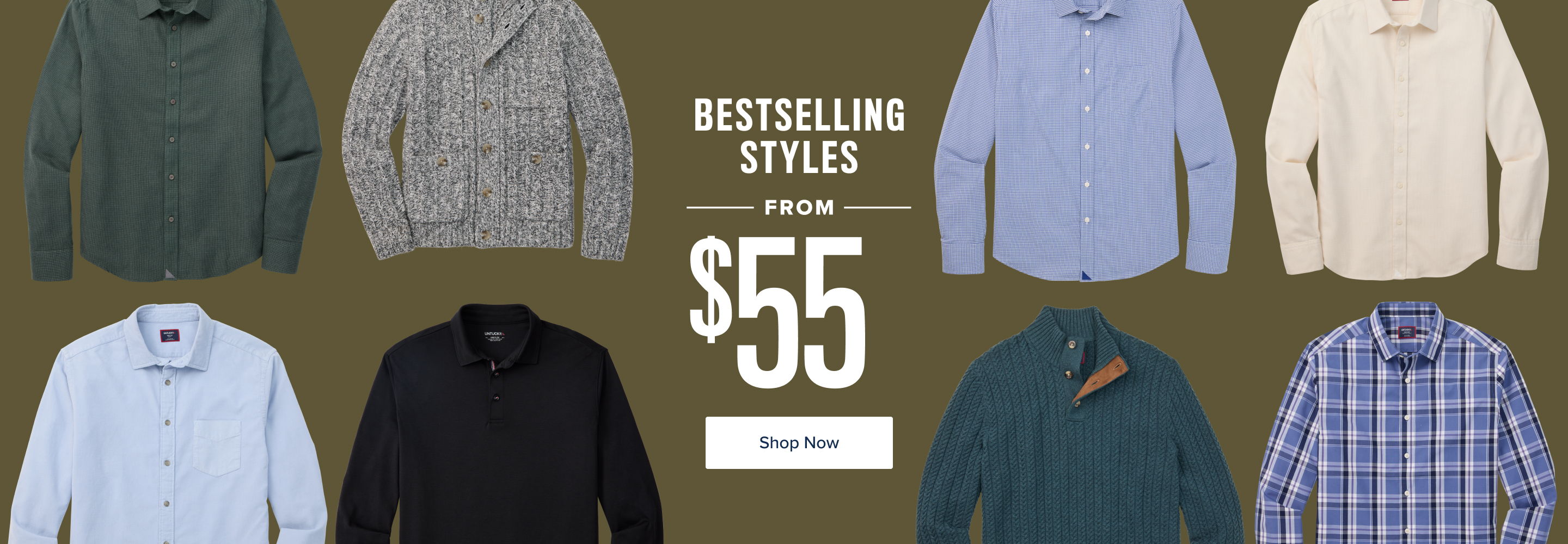 Collection of shirts priced at $55. Bestselling styles displayed.
