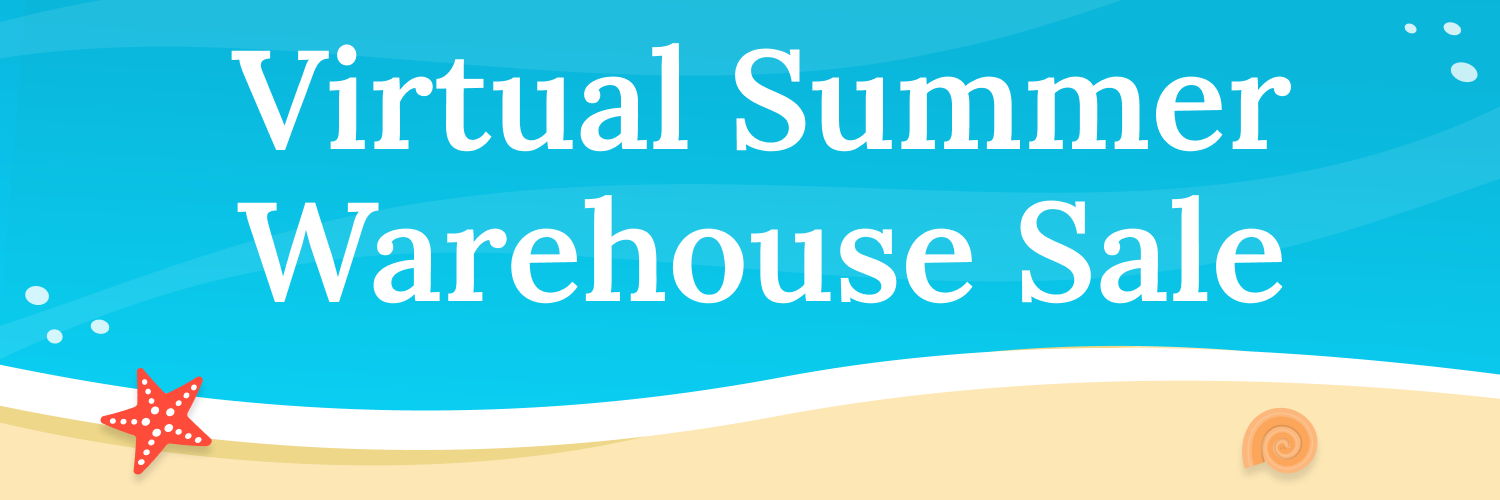 Text promoting a virtual summer warehouse sale on a beach-themed background.