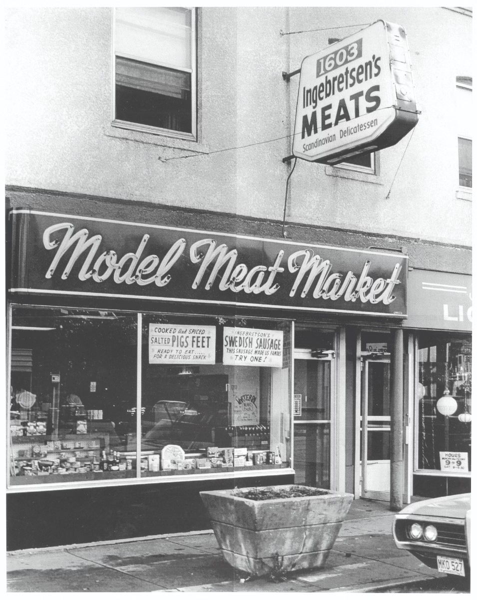 Black and white photo of the Ingebretsen's Model Meat Market storefront in the 1960s.