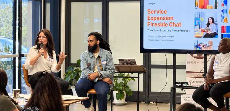 Entrepreneur and business speaker Denise Albright speaking on a panel at an Amazon event about turning expertise into a product.