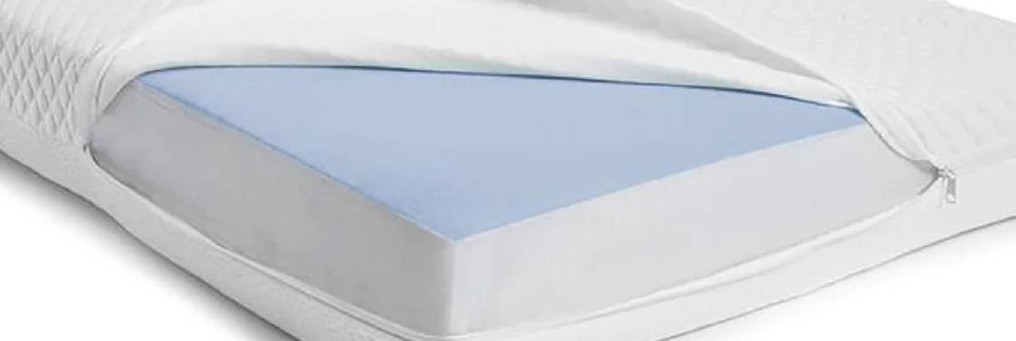 Yeti mattress corner showing the blue Breahtable Chill Cooling layer underneath the cover.