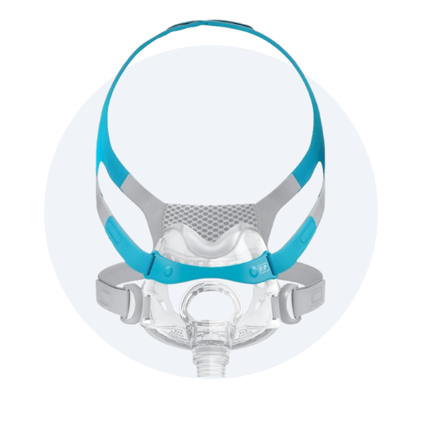 CPAP mask with a blue and gray design on a circular background.