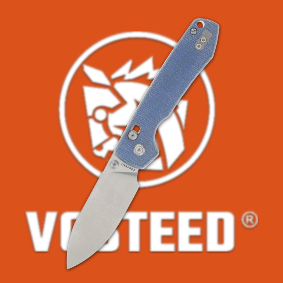 Folding knife on an orange background with Votied logo.