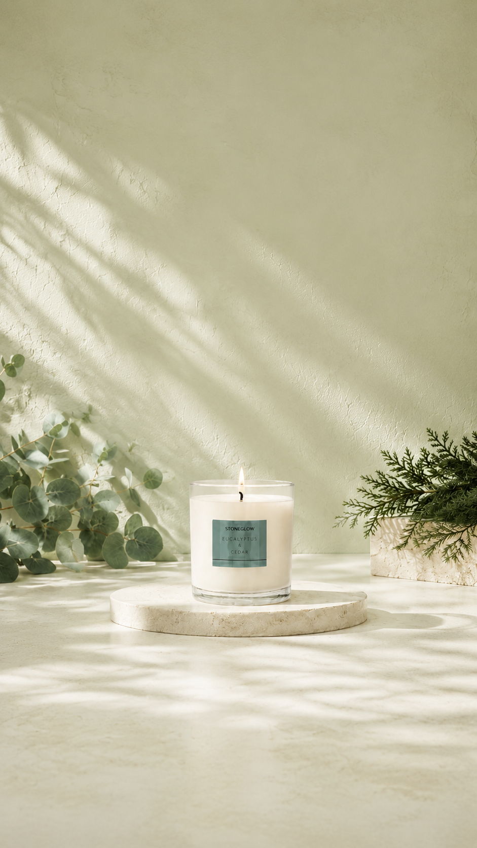 A candle on a stone surface surrounded by greenery and soft shadows.