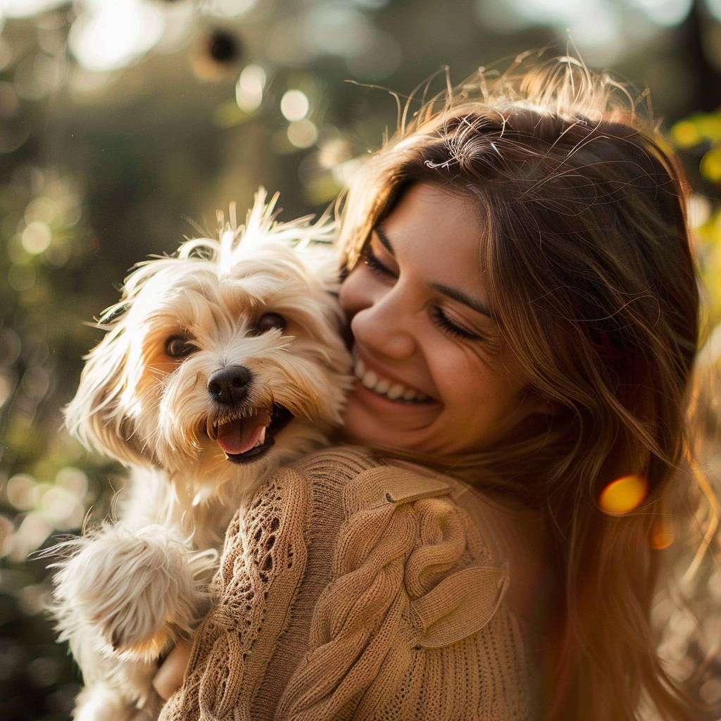 Girl with brown hair smiling and holding small white dog in nature.