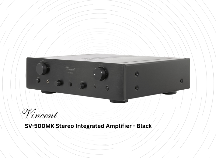 A black audio amplifier with knobs and buttons on the front.