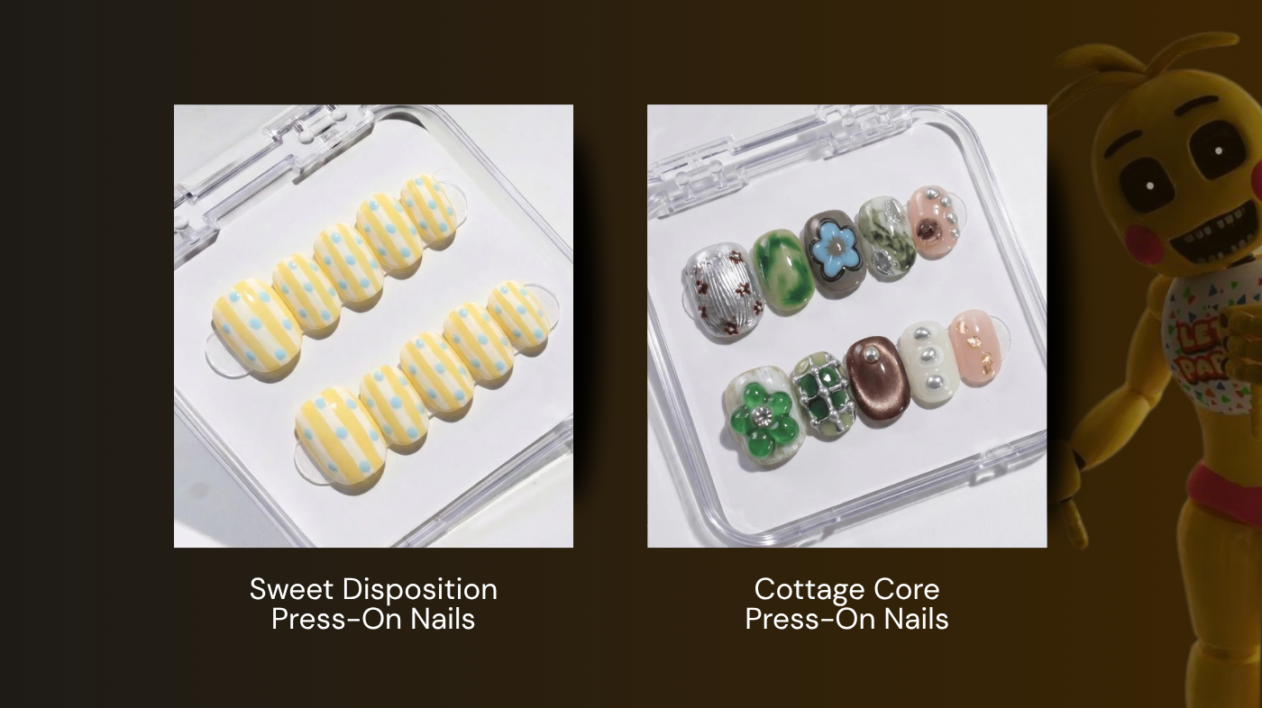 EyeCandys Sweet Disposition cottagecore press-on nails with delicate pastel tones, floral detailing, and soft romantic aesthetic design for an elegant natural-inspired manicure look