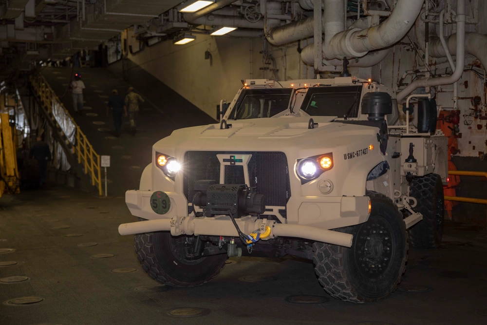 1908027-N-EG940-1016 NORFOLK (Aug. 27, 2019) Marines assigned to 3rd Battalion 8th Marine Division maneuver a Joint Light Tactical Vehicle (JLTV) in the upper vehicle stowage area aboard the Wasp-class amphibious assault ship USS Kearsarge (LHD 3). Kearsarge is currently conducting a post-deployment maintenance availability following a seven-month deployment to the U.S. 5th and 6th Fleet areas of operation. (U.S. Navy photo by Mass Communication Specialist 3rd Class Jacob Vermeulen/Released)