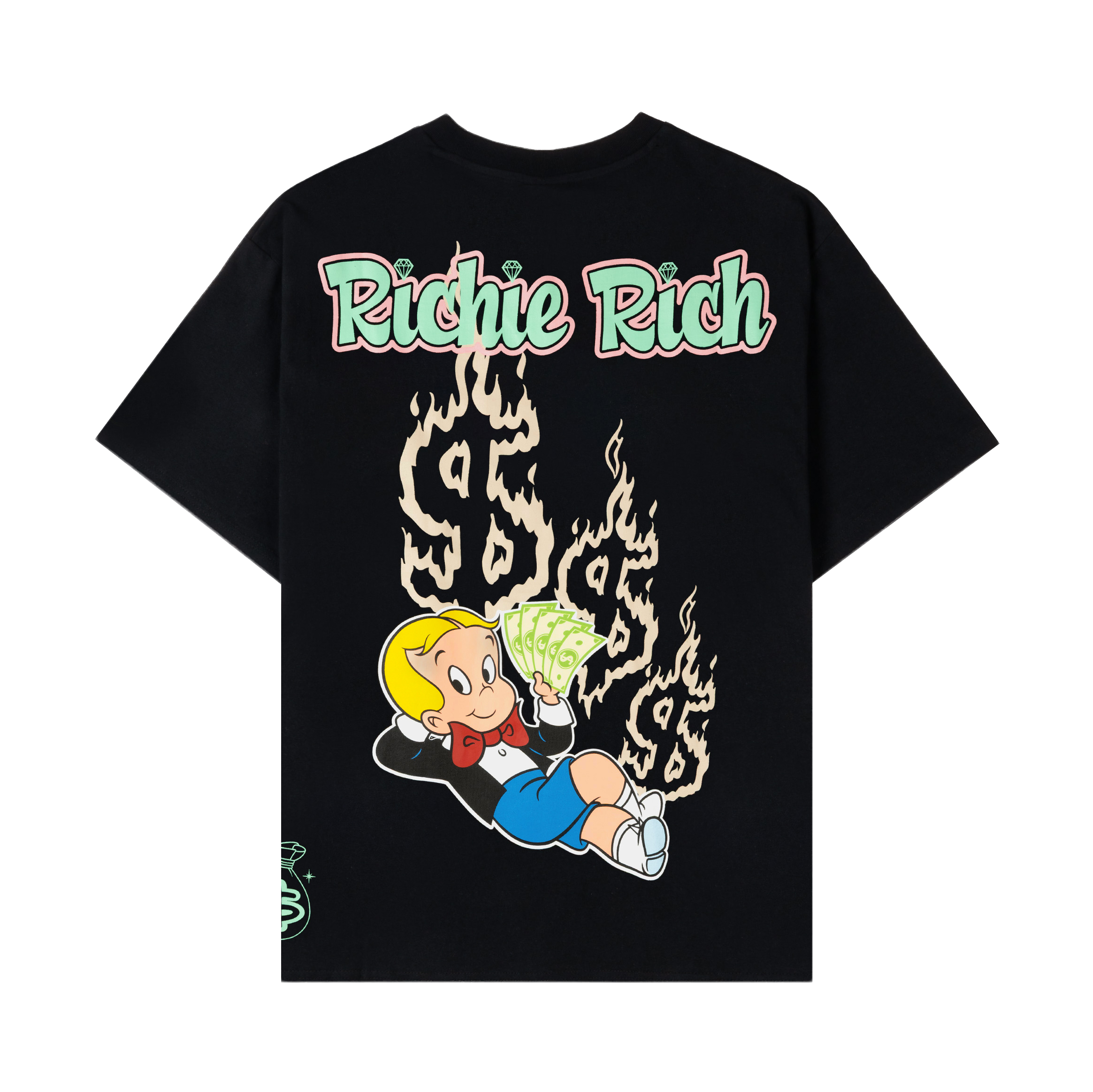 Black t-shirt with green dollar sign and decorative elements.