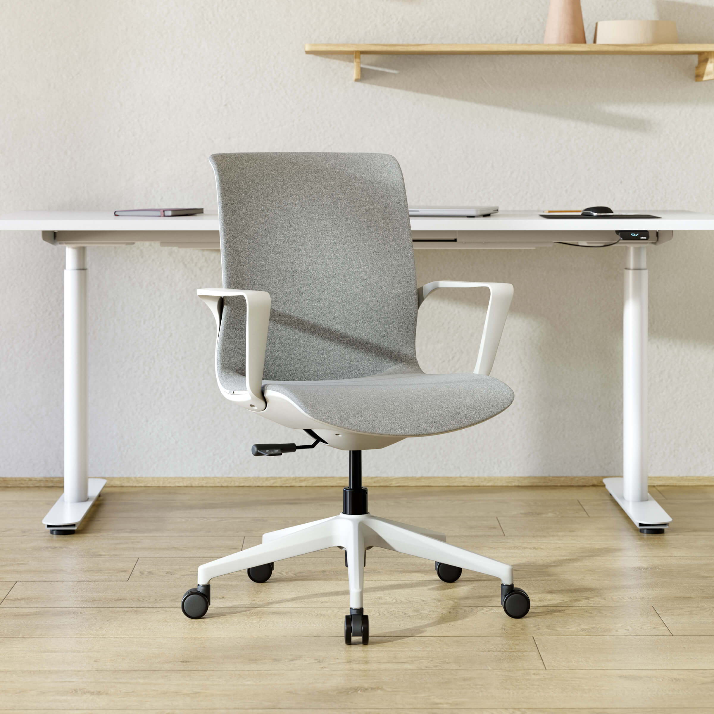 A modern, bright home office with a white office chair— Flex Office —from ofinto