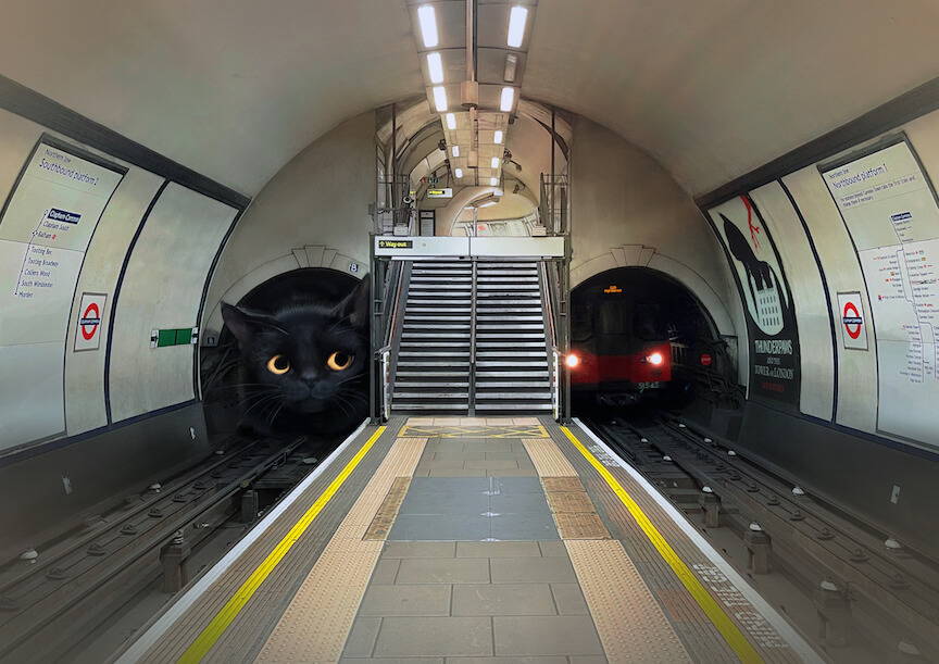 A giant black cat hides in a tube tunnel at Clapham Common station as a tube comes in on the opposite platform