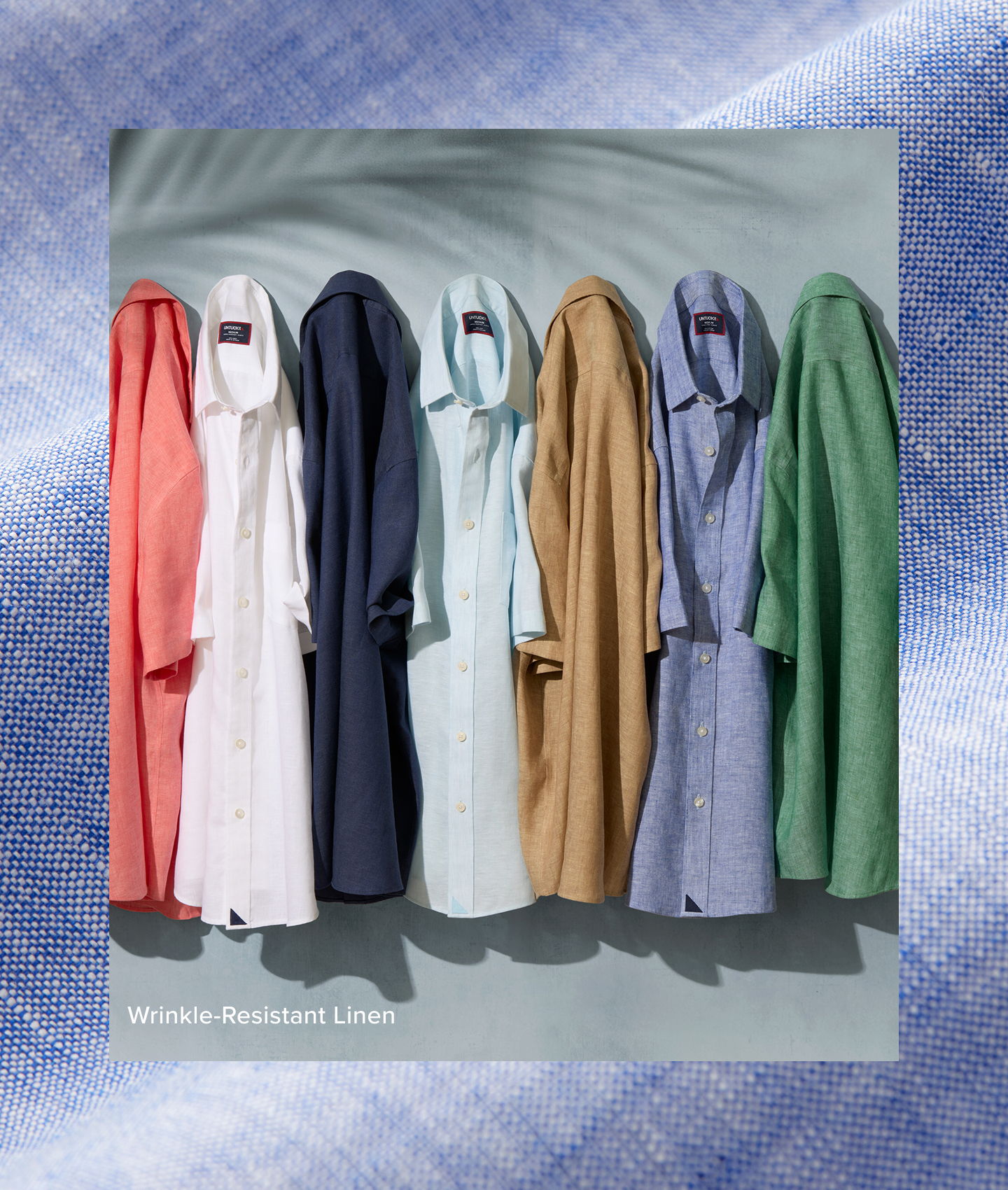 A row of colorful shirts displayed against a textured background.