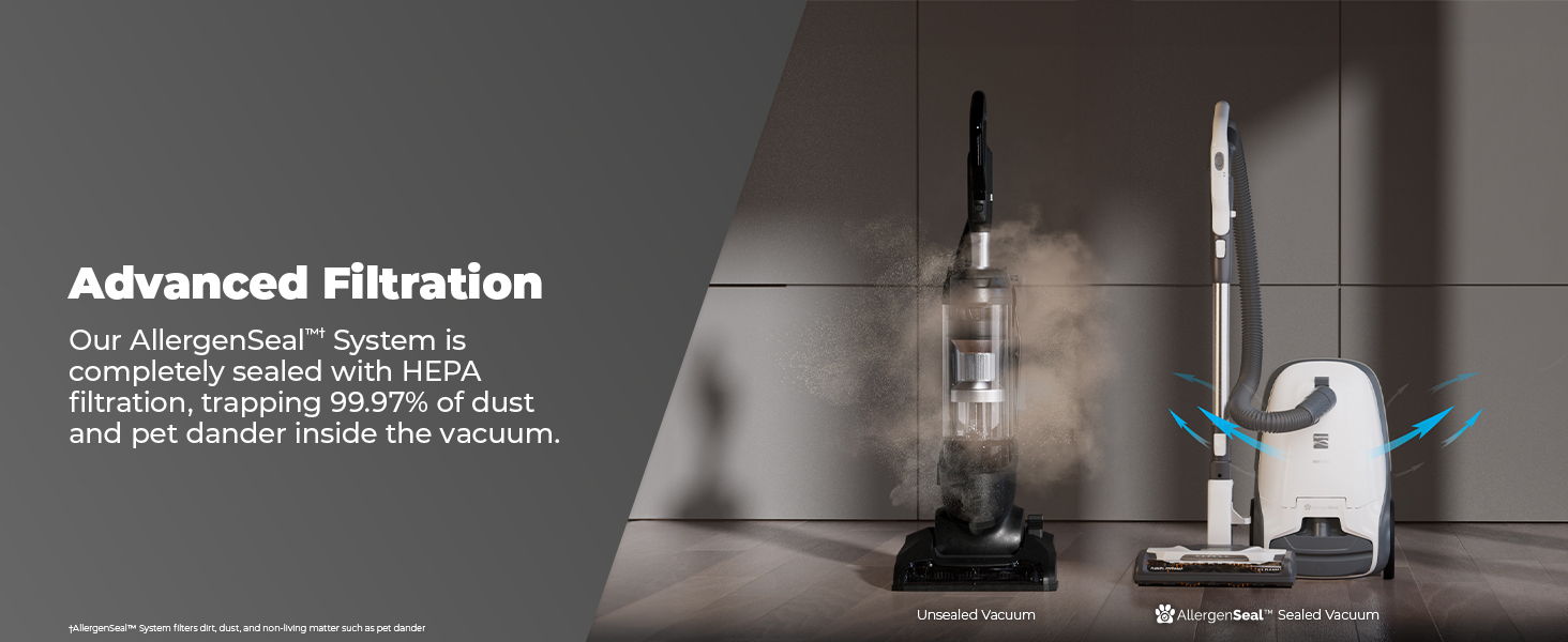 Advanced filtration vacuum cleaners on display with text about their features.