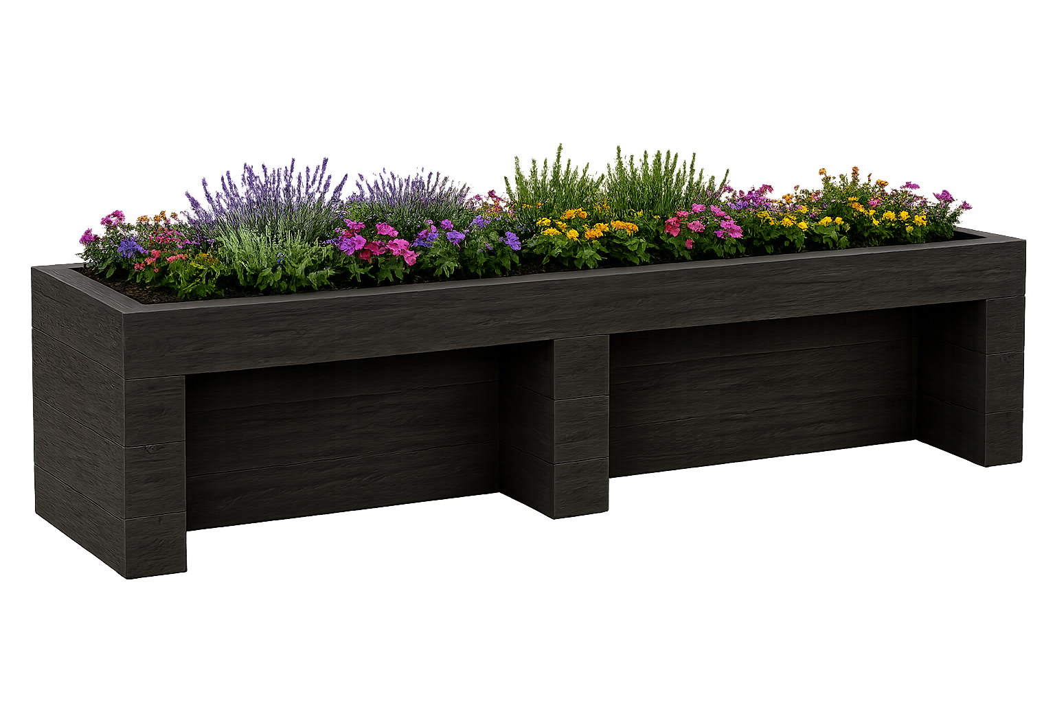 A ADA friendly custom fiberglass planter filled with colorful flowers and greenery.
