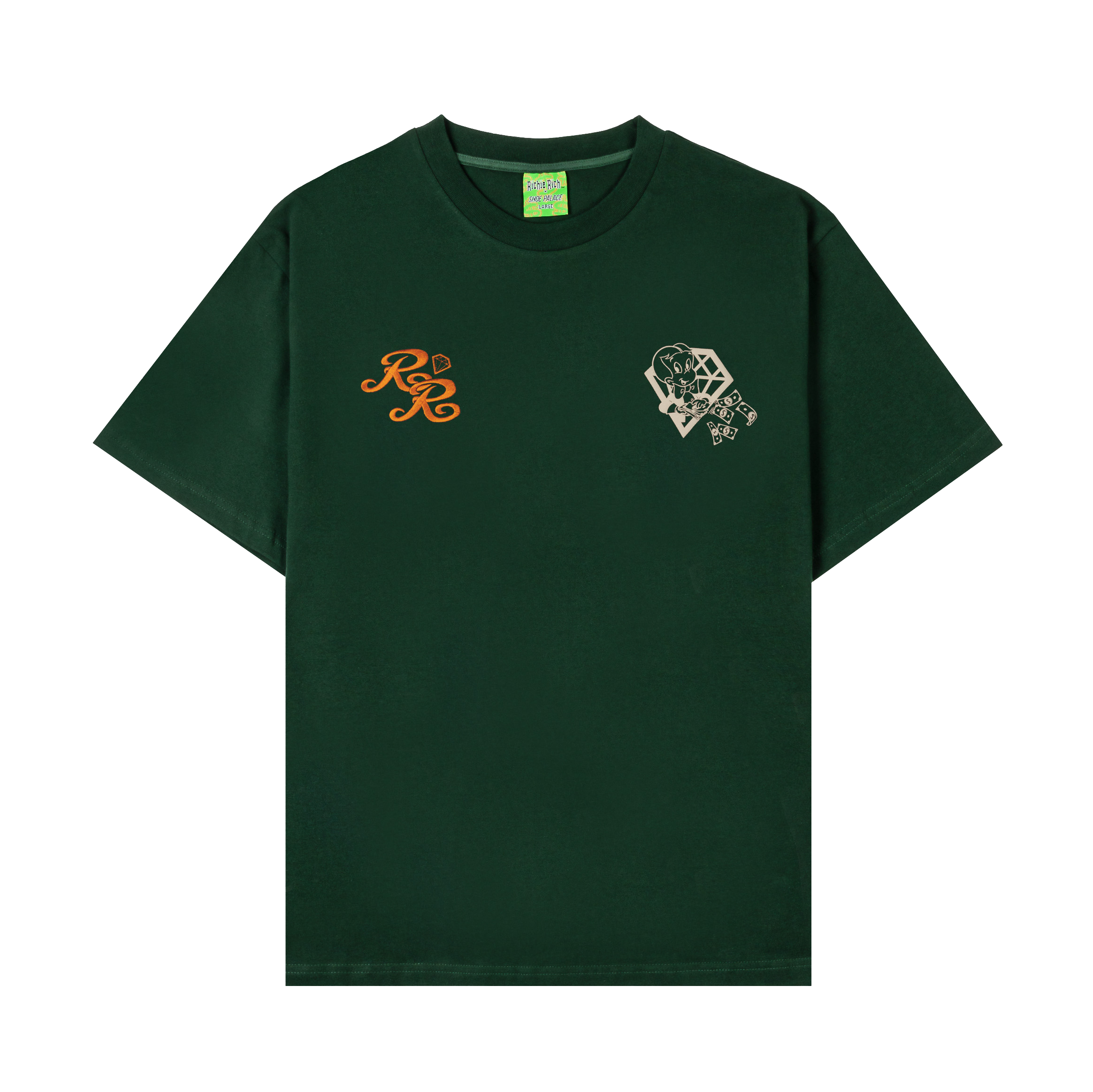 Green t-shirt with decorative designs on the front.
