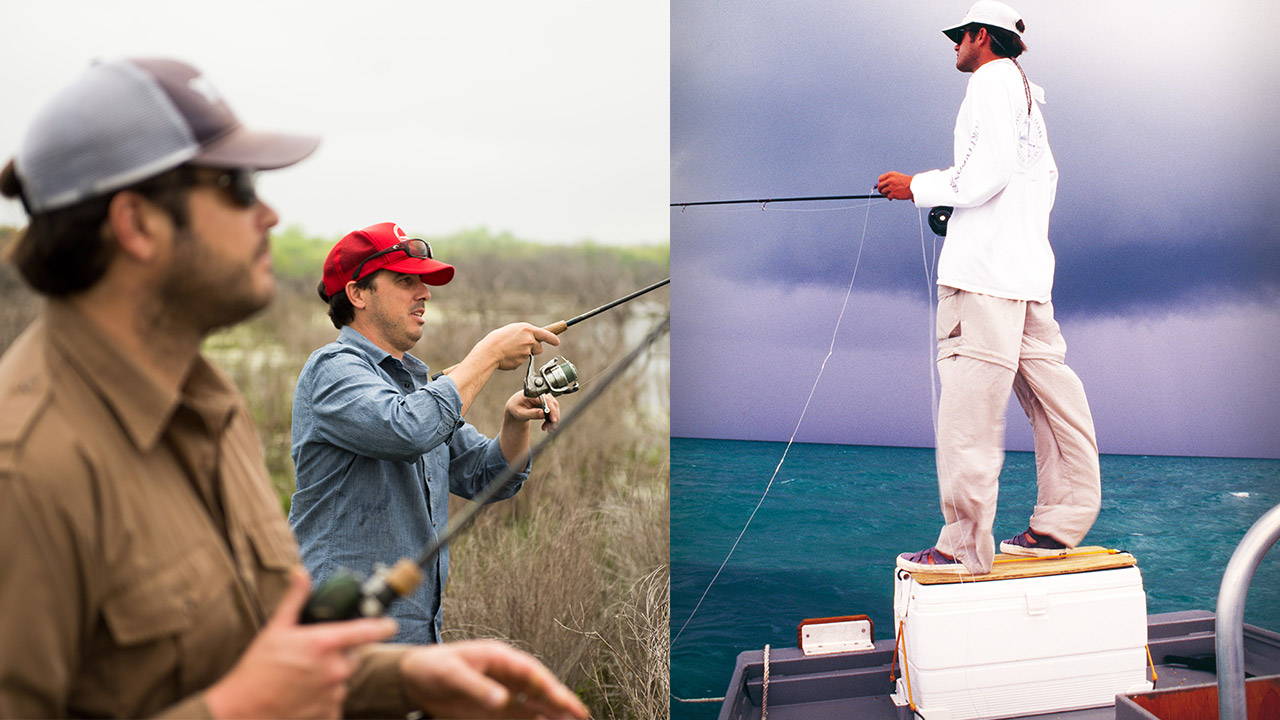 Two lifestyle images of the Yeti founders Roy and Ryan Seiders fishing outdoors.