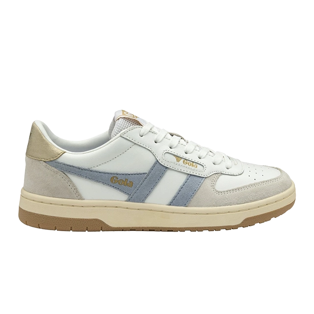 White and grey sneakers with a beige sole and logo.