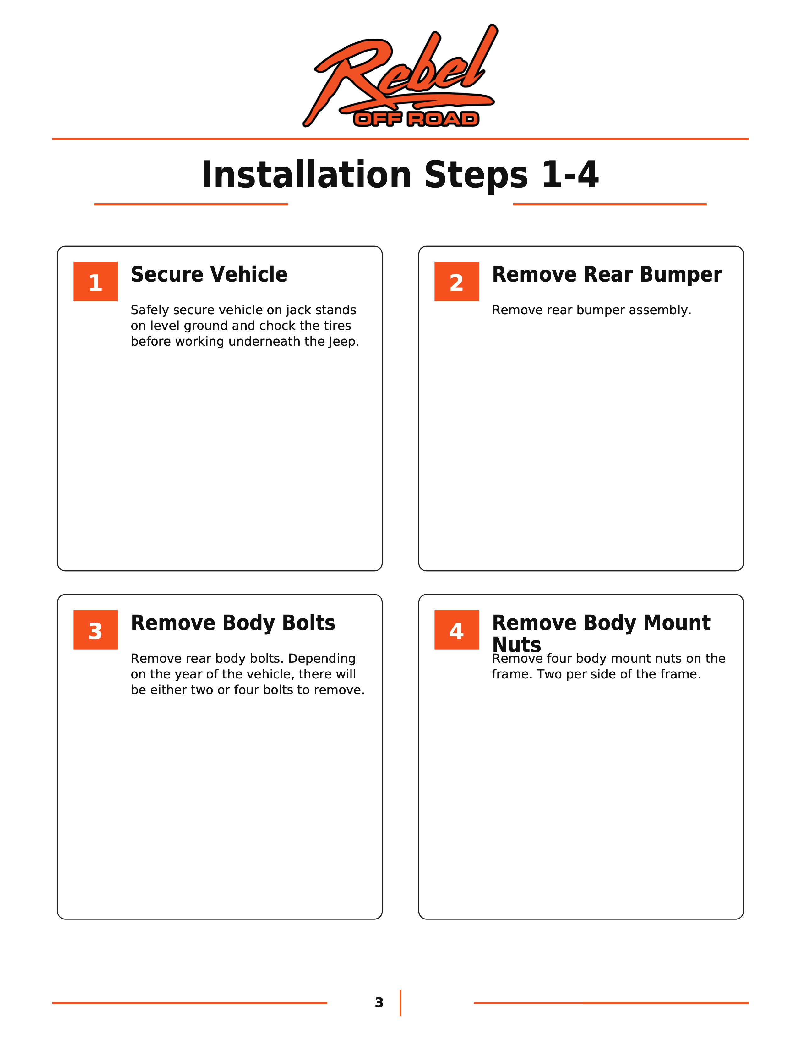 Installation steps for vehicle modification, including securing vehicle and removing parts.