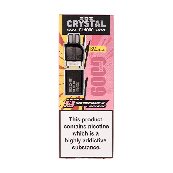 Crystal CL600 vape product with nicotine warning label.