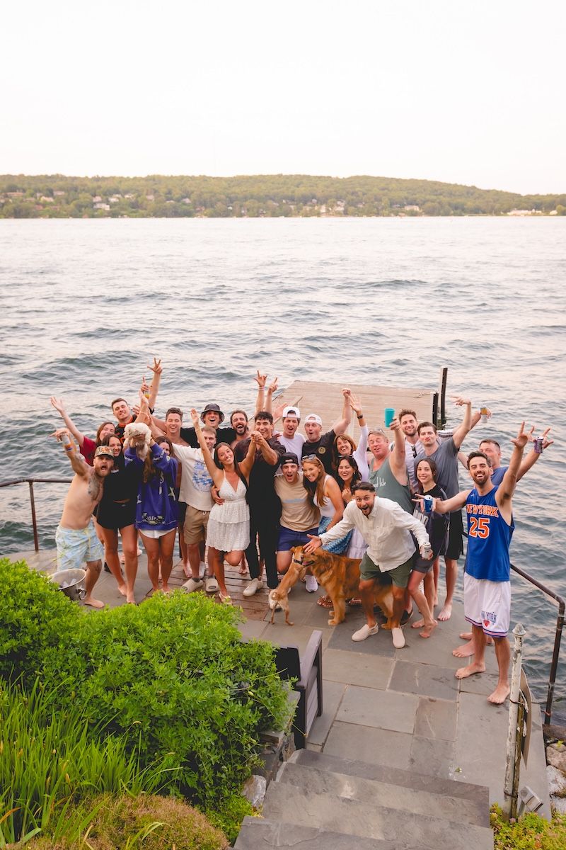 group of friends cheering, candlewood lake, ct