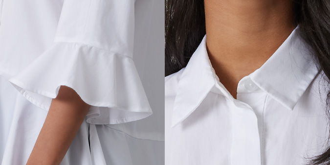 Close-ups of a white shirt's ruffled sleeve and collar.