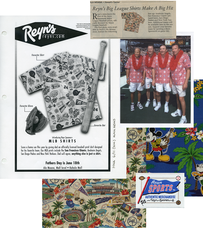 Collage of Hawaiian shirts and related promotional materials.