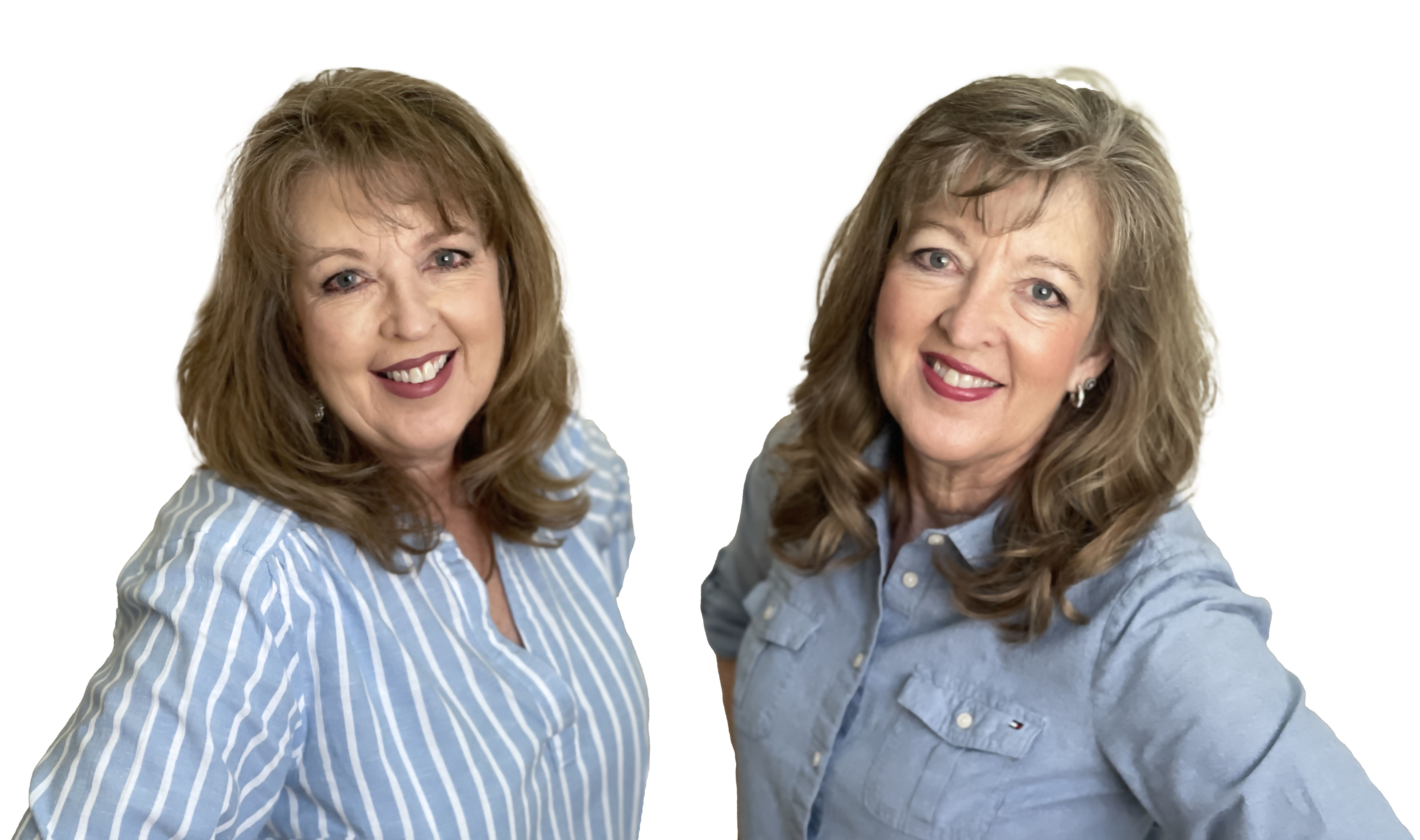 Two smiling women in casual clothing against a light background.