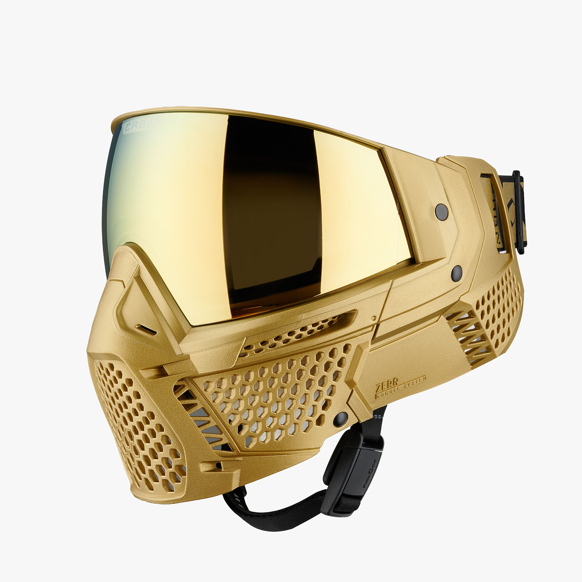 Gold paintball mask with mirrored lens and ventilation design.