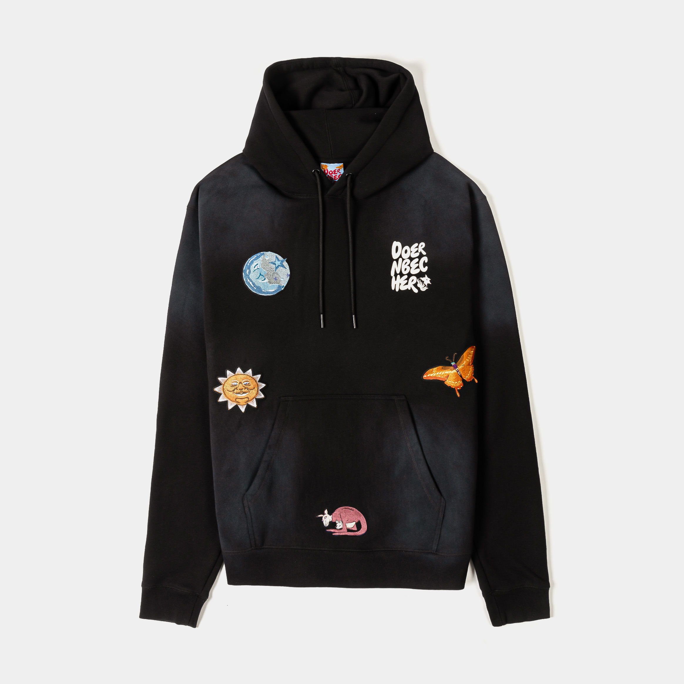Black hoodie with various colorful graphic designs.